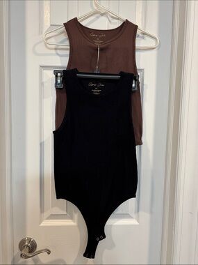 Ribbed Scoop-Neck Bodysuit Set — Black & Brown